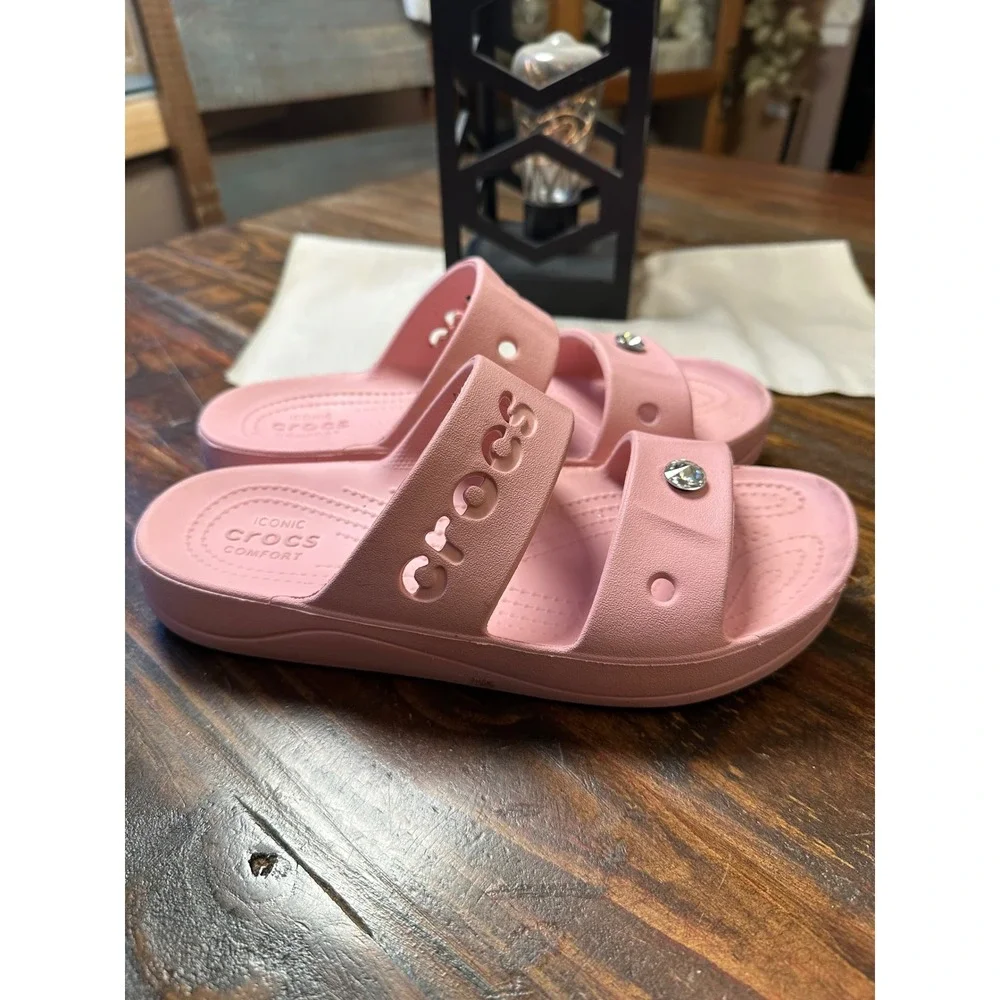 Crocs Classic Platform Sandal Pink Double Strap Rhinestone Slides Womens 8